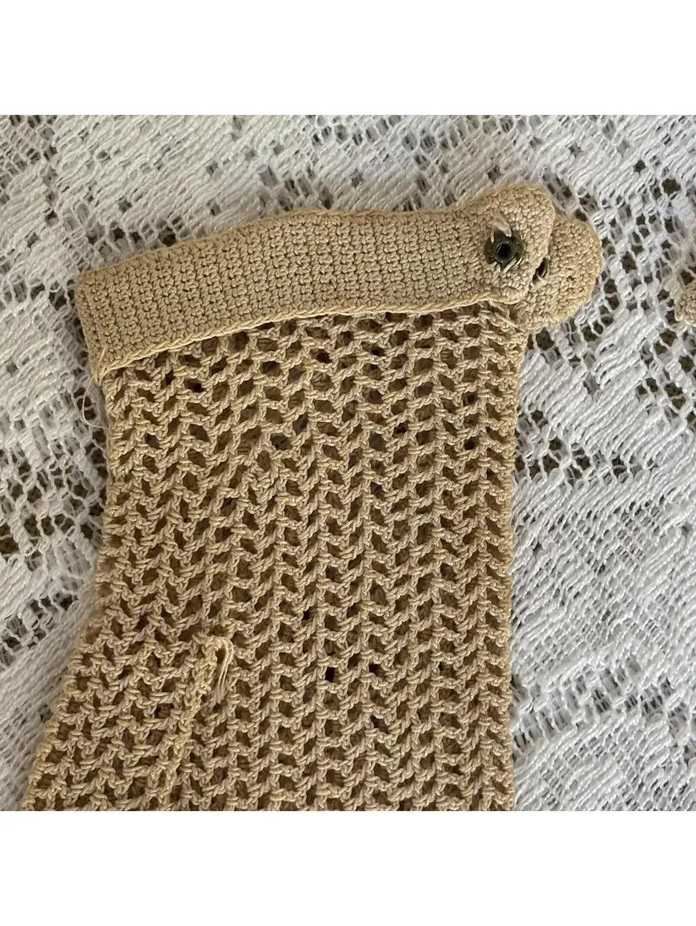 Vintage Crochet Gloves Tan Cotton Mesh Snap Wrist Boho Retro